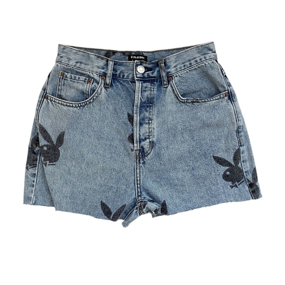 PLAYBOY x Pacsun Blue Jean Shorts High-Waisted Raw Hem